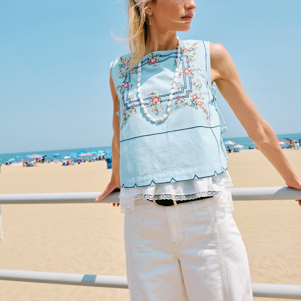 NWT Free People Light Blue Embroidered Square Neck Tank - Picture 5 of 8